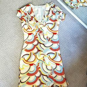 Cacharel retro dress, 100% silk, cream with multi-clored pattern, XS